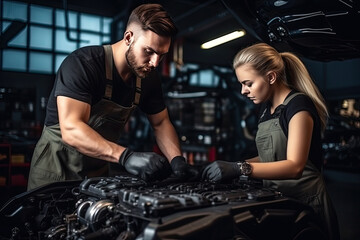 Fototapeta na wymiar Team technician caucasian man and woman checking and repair car engine in garage, automotive and service, mechanic maintenance and fix of vehicle, automobile and transportation, industrial concept.
