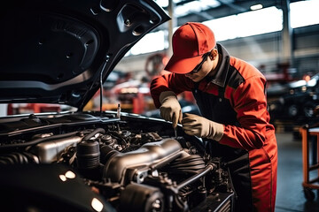 Technician caucasian man checking and repair car engine in garage, automotive and service, mechanic or  labor maintenance and fix part of vehicle, automobile and transportation, industrial concept.
