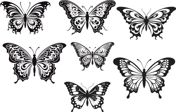 Butterfly in silhouette style. Vector, sticker, solid black silhouette image on white background,
