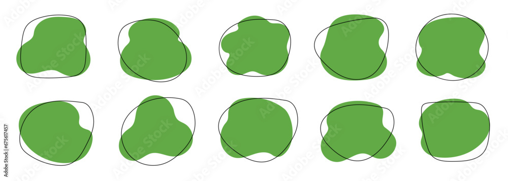 Poster Organic blob shape, abstract green color amoeba, irregular fluid element set. Simple flat abstract splodge, amoeba blob figure, liquid shape graphic design element. Vector illustration.