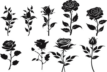 Rose flower in silhouette style. Vector, sticker, solid black silhouette image on white background,