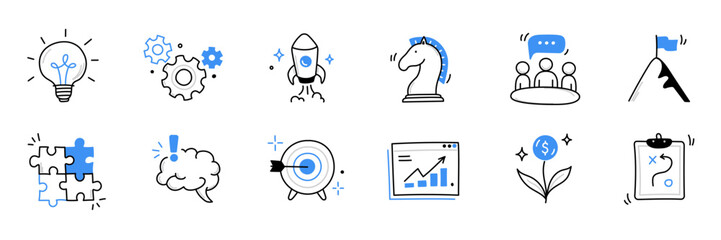 Business idea, startup doodle line icon set. Hand drawn doodle sketch line style business strategy, finance goal, startup idea concept. Rocket, target, brain cute element. Vector illustration © Polina Tomtosova