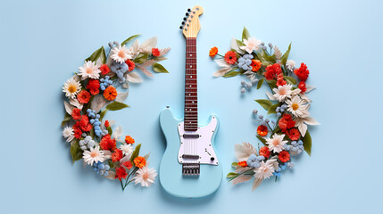 Guitar decorated with colorful flowers on light blue background