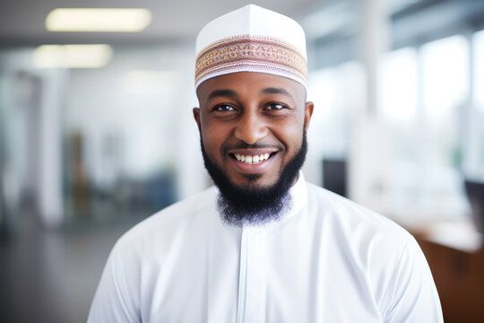 Smiling Muslim black executive wearing a kufi at the office looking at the camera