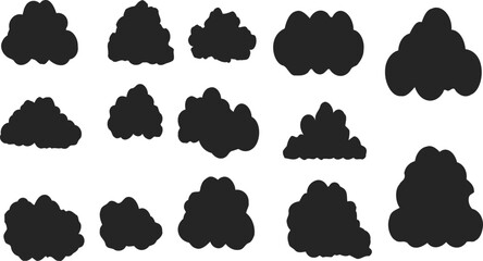 Clouds in silhouette style. Vector, sticker, solid black silhouette image on white background,
