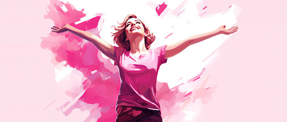happy woman in pink background illustration , empower woman  - obrazy, fototapety, plakaty