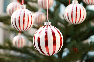 red white christmas balls hanging on tree	