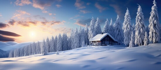 In winter the sky is a brilliant blue as the sun gently illuminates the snow covered forest casting a warm light upon the old wooden house nestled among the trees on the border of the majes - obrazy, fototapety, plakaty