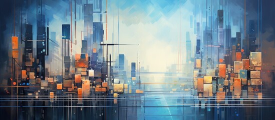 The abstract painting depicted a futuristic cityscape where technology and data communication seamlessly integrated reflecting the concept of information technology and the symmetrical bala - obrazy, fototapety, plakaty