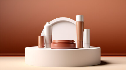 Elegance in Display: Cosmetic Stand Imagery,Beige Beauty: 3D Rendered Cosmetic Showcase