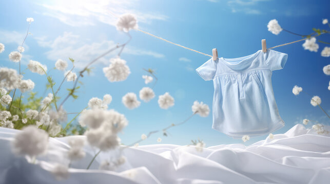 A blue wet baby T-shirt dries on a linen cord on a blooming meadow smelling of flowers on a sunny summer day