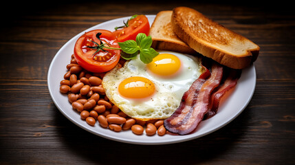 Full English Breakfast with fried eggs, bacon, sausages, beans, tomatoes, toasts close-up. 