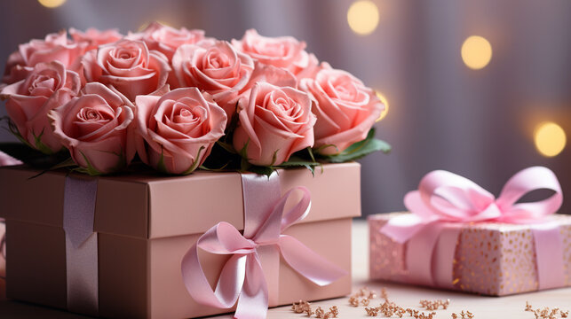 pink roses and gift box HD 8K wallpaper Stock Photographic Image 