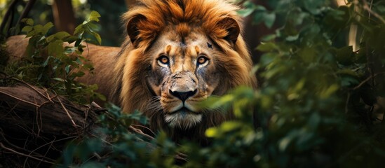 The lion also known as Leo is a fierce predator and a majestic big cat found in Africa s wildlife This carnivorous mammal is a powerful hunter belonging to the feline family and is often sp - obrazy, fototapety, plakaty