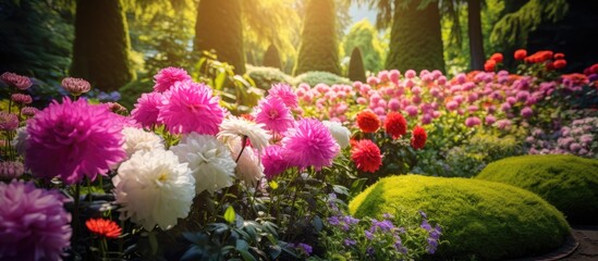 Fototapeta na wymiar The beautiful garden with its lush green background and vibrant colorful flowers in shades of red pink and flora creates a stunning display of nature s fresh and blooming beauty