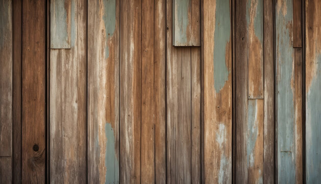 Worn wooden wall with peeling paint rustic background