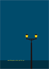 夜の港に漁火と街灯に明かりが灯る切り絵風デザインイラスト