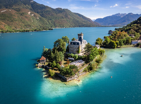 Aerial view of Duingt castle or Chateau de Duingt in Annecy lake, Haute Savoie, France