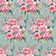 pattern, bouquet of delicate roses, with green leaves.