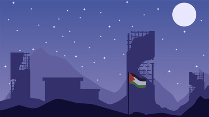 Palestine landscape vector illustration. Silhouette of destroyed city at night with palestine flag. Landscape illustration of palestine for background or wallpaper	