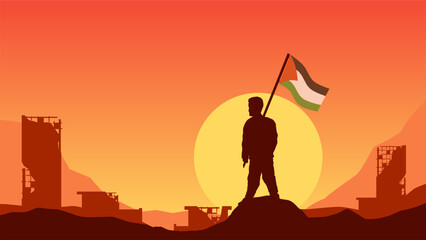 Palestine landscape vector illustration. Silhouette of man holding palestine flag in the destroyed city. Landscape illustration of war for social issues, news, support or conflict