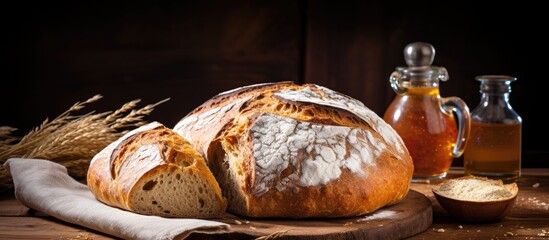 I woke up to the aroma of freshly baked homemade bread from the round loaf with a golden brown crust sitting on the rustic wood background ready for a healthy and delicious breakfast as par