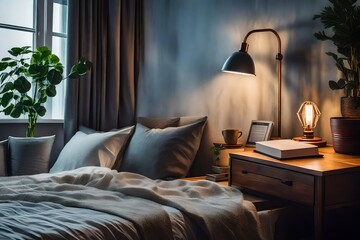Cozy bedroom interior with book and reading lamp on bedside table  