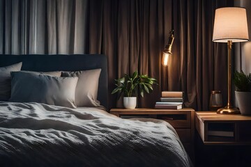 Cozy bedroom interior with book and reading lamp on bedside table  
