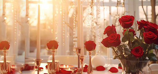 Festive table roses and candles. Valentine's Day. Birthday. Background. Wallpaper. Generated AI....