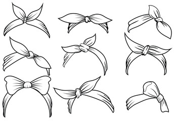 Set of bandana bow headband line art vector. Black and white bandana clipart - obrazy, fototapety, plakaty