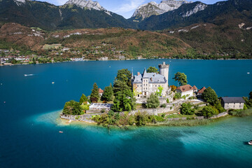 Aerial view of Duingt castle or Chateau de Duingt in Annecy lake, Haute Savoie, France