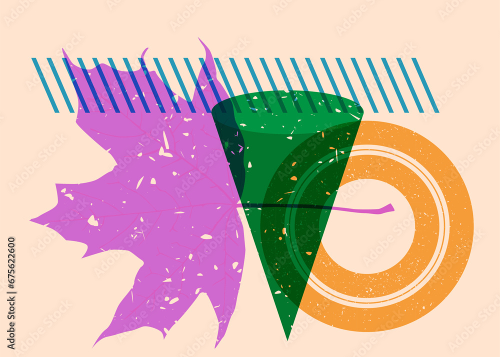 Poster risograph autumn leaf with geometric shapes. objects in trendy riso graph print texture style design