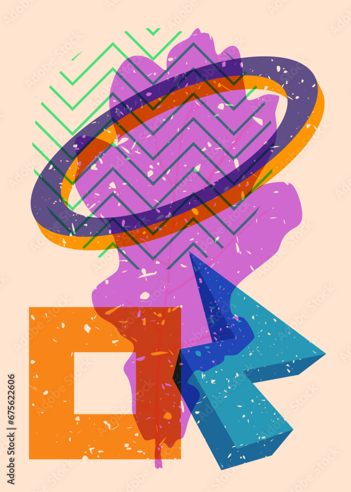 Poster risograph autumn leaf with geometric shapes. objects in trendy riso graph print texture style design