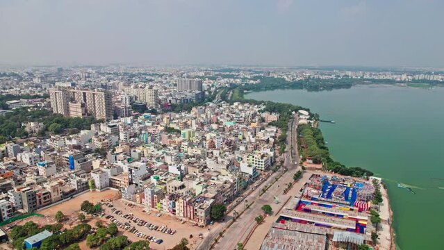 hyderabad neckless road near tank bund aerial view  drone establishing shot  daytime 4k