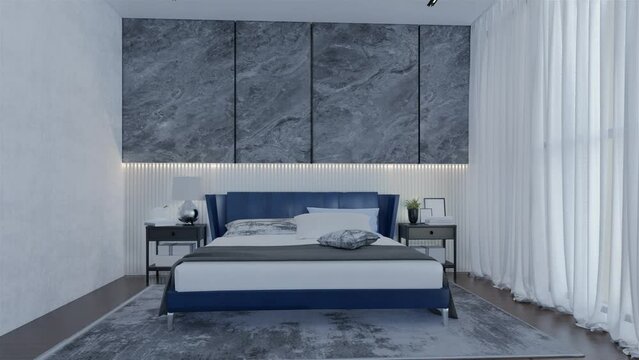 Modern Luxury Bedroom Animation with Ocean Blue Color. 3D Illustration Render