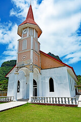 the Protestant Church in the town of Vaitape on the island of Bora Bora in French Polynesia. - obrazy, fototapety, plakaty