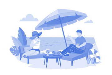 Man And Woman Lying On Beach Lounge And Drinking Cocktail