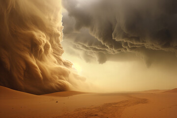 Nature's fury on display, a powerful sand and dust storm sweeps across the arid desert, creating a stunning yet dangerous atmosphere. AI Generative.