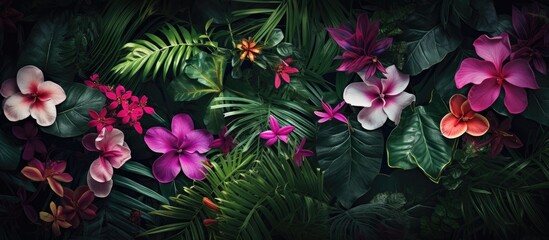 The abstract floral pattern on this summer background beautifully captures the essence of nature with vibrant flowers blooming against a backdrop of lush green trees and leaves creating a m