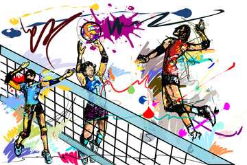 set volleyball over net hit and sport art brush strokes style