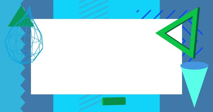 Green and blue geometrical graphic retro theme background with white place for text video. Minimal geometric elements frame animation. Vintage abstract shapes for advertising.