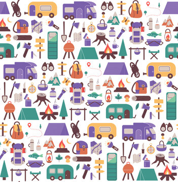 Seamless pattern with things for traveling to the mountains. Fishing and summer camping. Hike with backpacks, rest in the forest. print object stuff design wallpaper. background vector illustration.