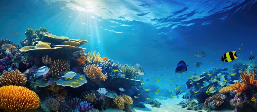 In the tropical ocean the vibrant blue water provides a stunning background for the thriving marine life with colorful fish and exotic aquatic creatures dancing under the sea creating a mesm