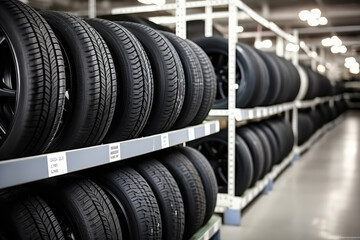 A wide variety of car tires on warehouse shelves, offering speed and convenience for vehicle owners. AI Generative.