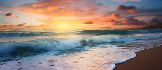 The beautiful blue sky and orange sunset create a stunning backdrop against the peaceful beach with its sparkling waves creating a breathtaking landscape that highlights the beauty of natur