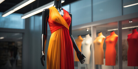 The fashion store mannequin presents a women's dress, its fabric and cut the height of current trends