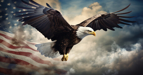 Obraz premium Flag waves as eagle patrols above