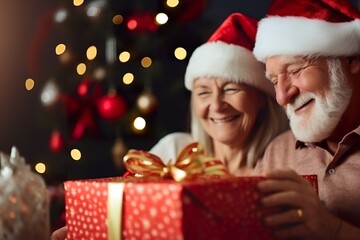 Fototapeta na wymiar close-up happy beautiful old couple with Christmas gifts near Christmas tree at home, beautiful bokeh DOF