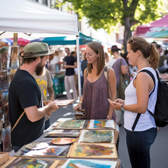 Fototapeta premium lifestyle street fair people buying crafts and art.
