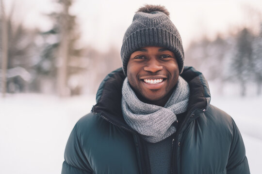 The portrait of a smiling male mature adult in a warm winter coat and knitted winter cap is looking at the camera while standing outside at a snowy time. Generative AI.